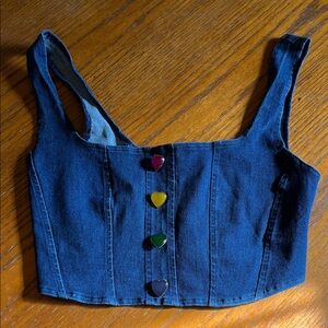 Molly Green Denim Corset Crop Top with Colorful Heart Buttons Small